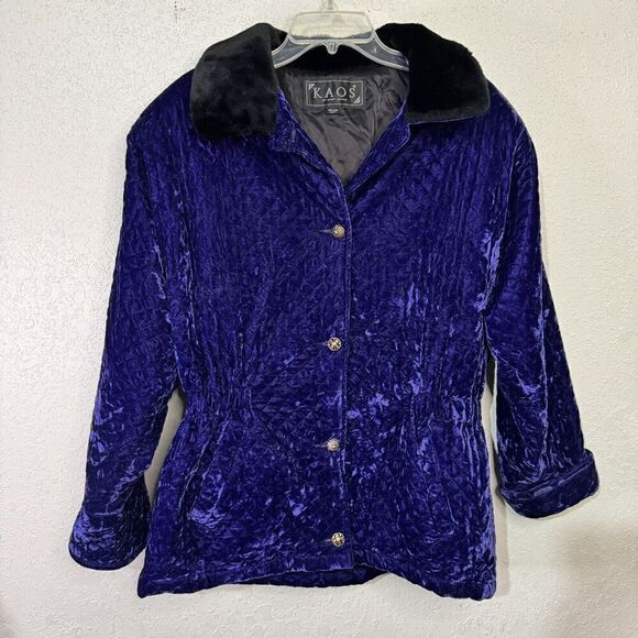 KAOS by Andy Jones Purple quilted velvet Jacket Woman faux fur collar M Vtg - Picture 1 of 13